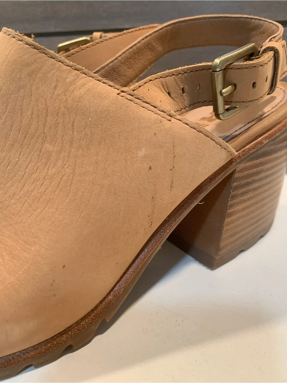 Sorel Tan Leather Open-Toe Slingback Block Heel Sandals